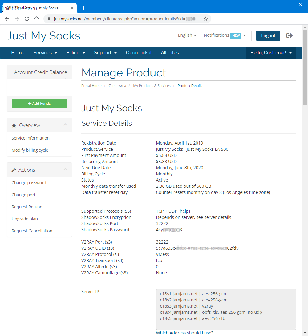 Just My Socks Service Details for iPhone v2ray configuration